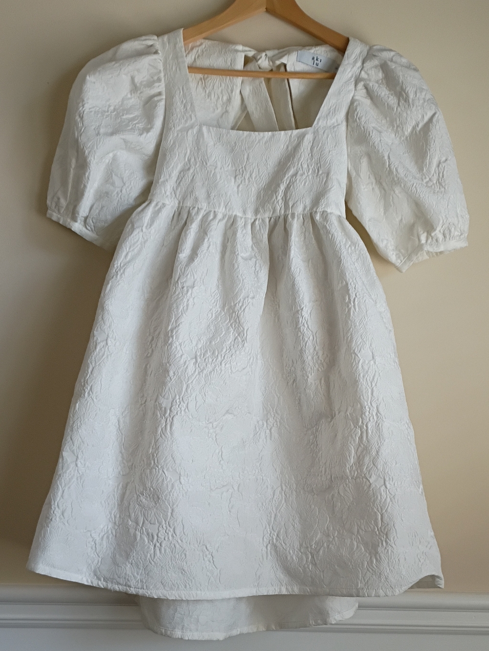White Textured Mini Dress with Puff Sleeves and Square Neck